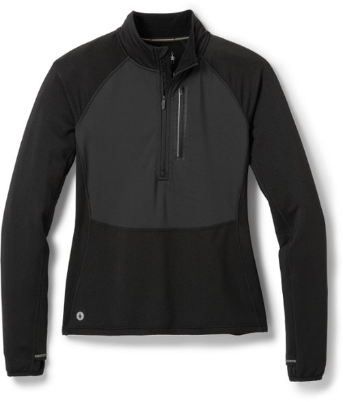 Front view of women's fleece pullover showing windproof panel and chest pocket