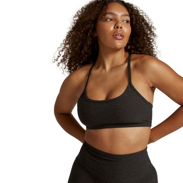 Front view of the Beyond Yoga Spacedye Comfort Compression Bra, showcasing its stylish racerback design.