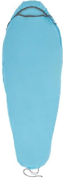 EcoComfort Mummy Sleeping Bag Liner displayed in a tent, highlighting its sleek design and moisture-wicking capabilities.