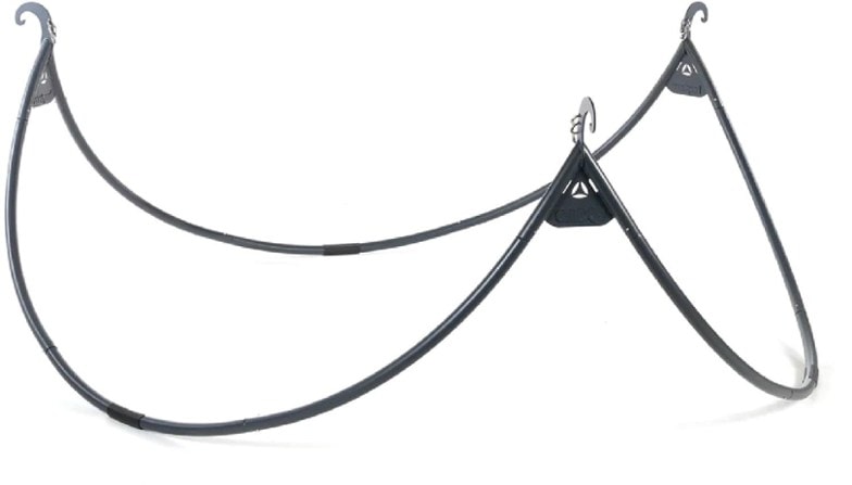 Tripod hammock stand in a backyard with three colorful ENO hammocks, perfect for outdoor relaxation.