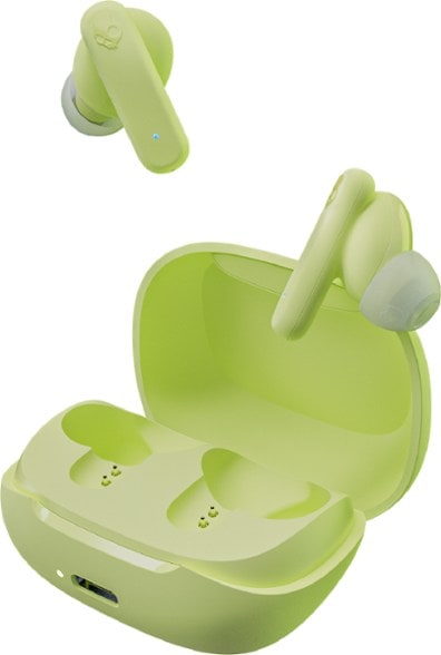 Side view of Skullcandy PureBeat wireless earbuds showcasing ergonomic fit and compact charging case.