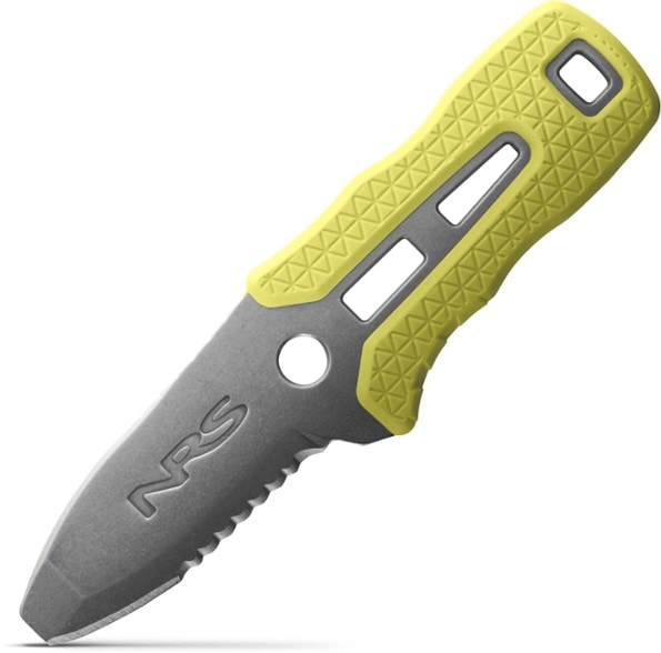 NRS Co-Pilot paddling knife with sheath attached to a PFD, ideal boating knife for freshwater safety