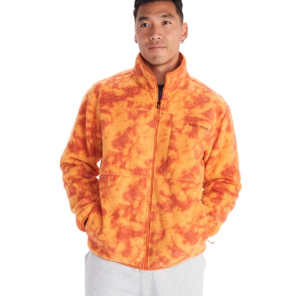 Front view of the eco-friendly printed fleece jacket for men, showcasing the vibrant tie-dye pattern.