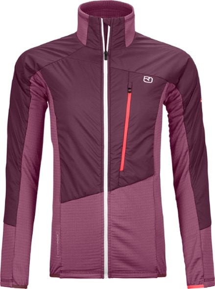 Front view of Westalpen Swisswool hybrid insulated jacket for women, showcasing water-resistant wool hiking jacket design
