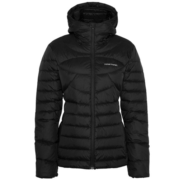 Front view of Kari Traa Sanne women's down jacket in bright blue, highlighting quilted insulation and adjustable hood