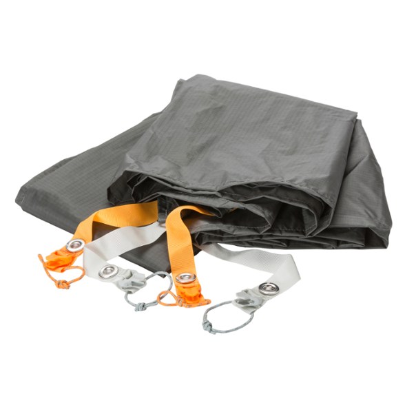 Big Agnes Copper Spur UL1 footprint laid out in a campsite, highlighting its lightweight design.