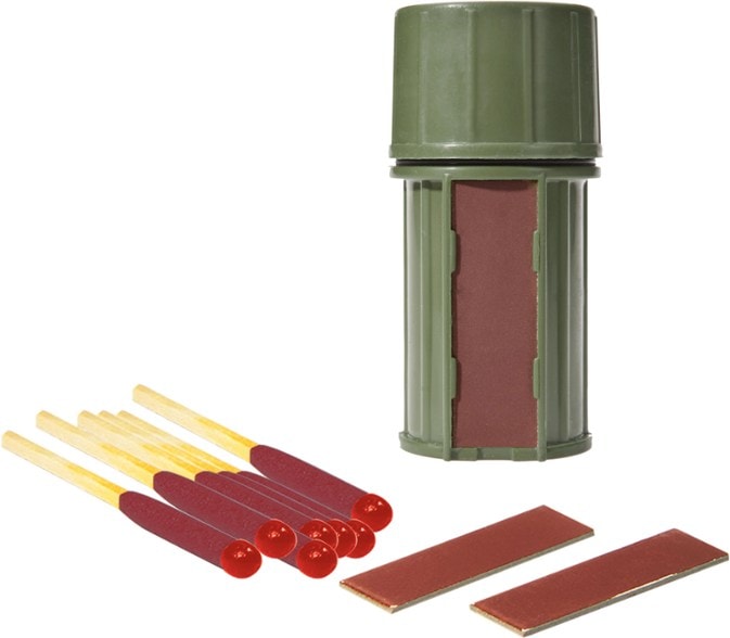 Close-up of the Ultimate Survival Match Kit showing waterproof case and matches