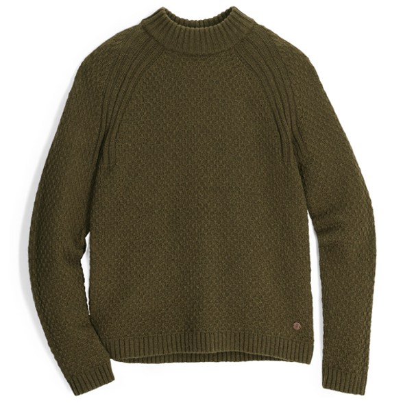 Side view of the Royal Robbins women's cozy mock neck sweater, showcasing the texture and fit.