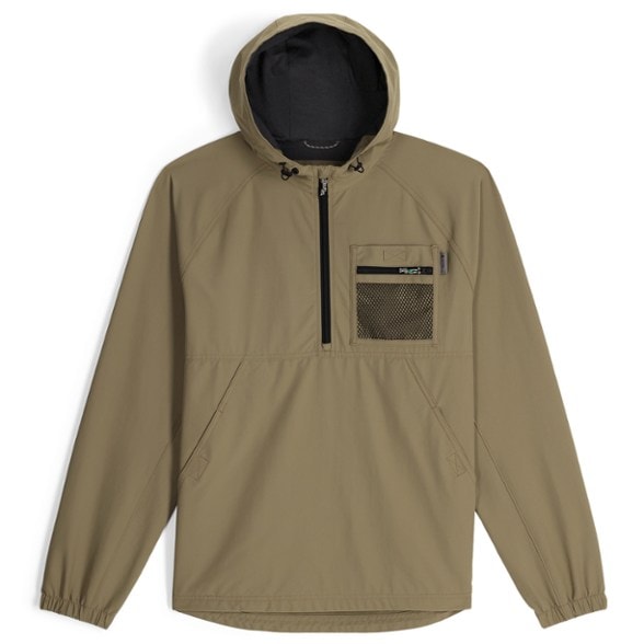 Eco-friendly men's water-resistant anorak, front view in the outdoors.