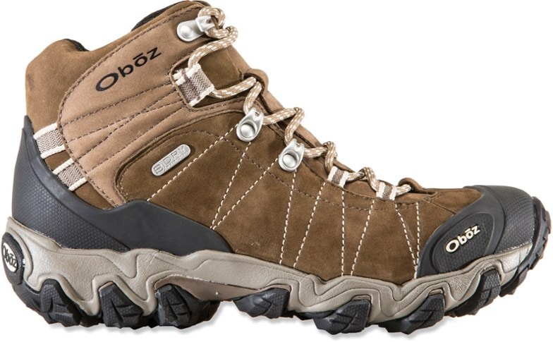Close-up of the Oboz Women's Bridger Mid Waterproof Hiking Boots, highlighting the durable nubuck leather and lacing system.