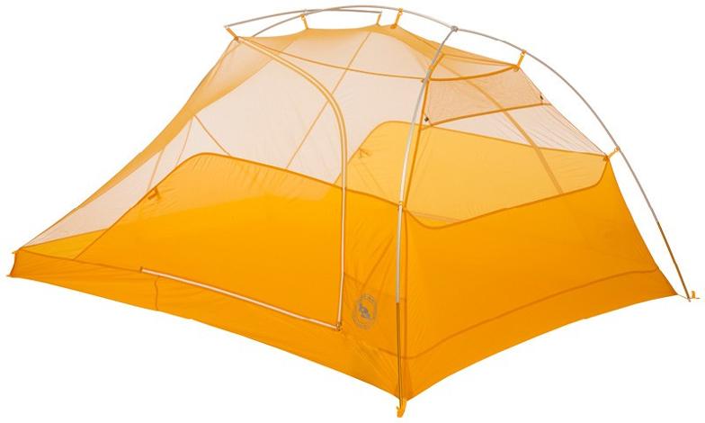 View of Big Agnes Tiger Wall UL3 tent with two doors open, revealing interior storage and spacious layout.