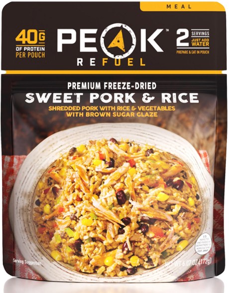 Close-up of Sweet Pork & Rice freeze-dried meal in a bowl, perfect for hiking.