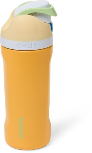 Close-up of Owala FreeSip Kids' 16oz insulated water bottle showcasing the locking push-button lid and straw.