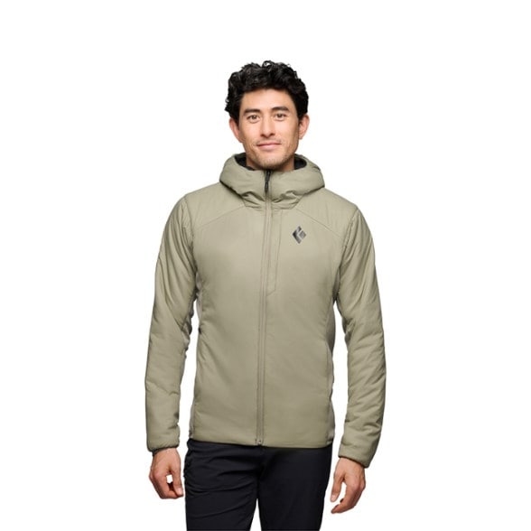 Front view of Black Diamond insulated hoody for men in black, lightweight and breathable mid layer for alpine sports