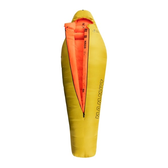Mammut Women's Comfort Down Sleeping Bag showcasing its mummy shape and insulation features.