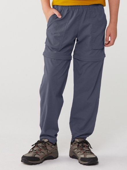 Front view of TrailFlex kids hiking pants showing tapered leg fit and easy pull-on waistband