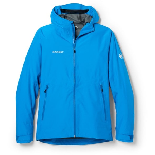 Mammut Alto Light Waterproof Hiking Jacket for Men, showing adjustable hood and ventilation zippers.