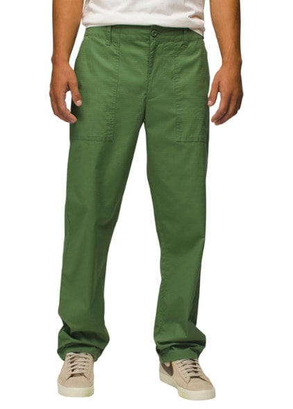 Front view of men's hiking pants with sun protection in olive green, showing adjustable waist and durable ripstop fabric
