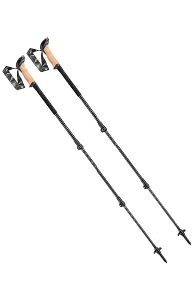 Close-up of cork grip on carbon hiking poles showing ergonomic Aergon Air design