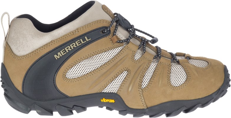 Side view of Merrell Chameleon 8 Stretch Low men's hiking shoes showcasing their stylish design and lightweight materials.