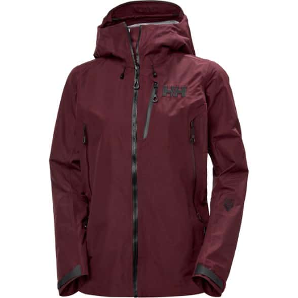 Front view of Helly Hansen womens waterproof jacket Odin 9 Worlds 3.0 in bright red with adjustable hood