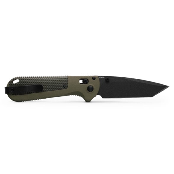 Benchmade Redoubt tactical knife showing tanto blade profile and locking mechanism.