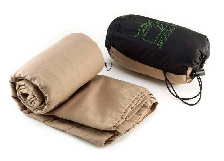 Travel sleeping bag liner with pillow pocket, showing soft and smooth fabric.