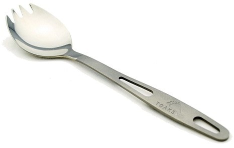 Close-up of TrailMate titanium spork showing matte finish handle and polished bowl, ideal lightweight camping utensils
