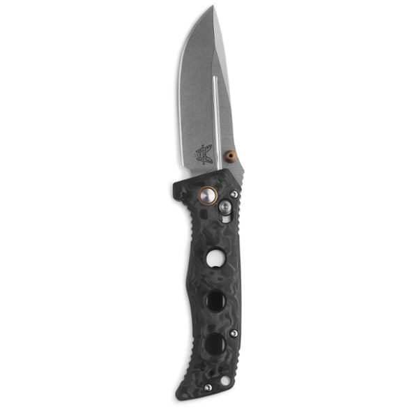 Benchmade Mini Adamas EDC knife showing marbled carbon fiber handle and satin blade finish, perfect for everyday use.