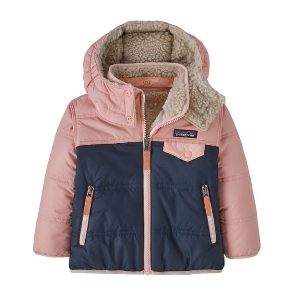 Front view of toddler wearing insulated hoody outdoors in winter, with water-resistant shell