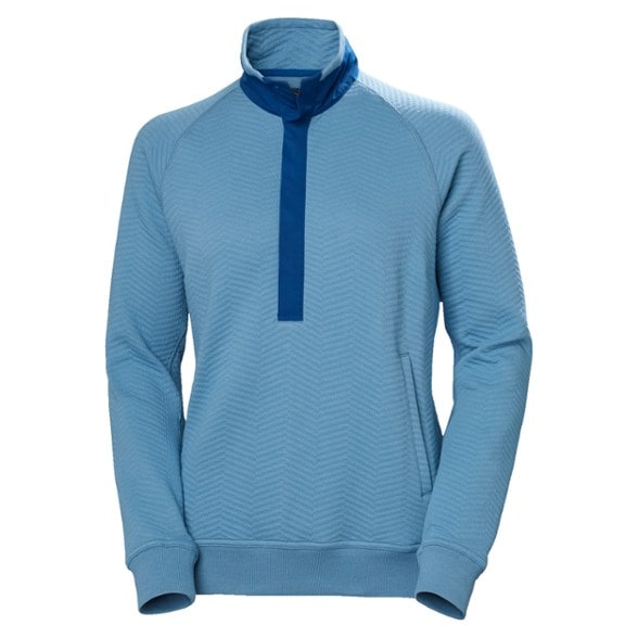 Front view of the high snap collar women's sweater, showcasing its cozy fit.