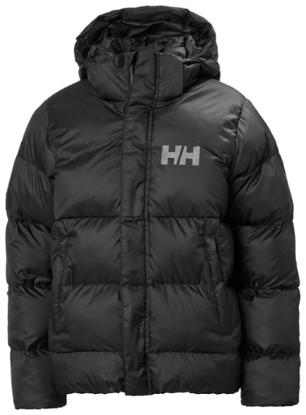Front view of children's puffy coat in navy with hood attached, perfect for school commutes