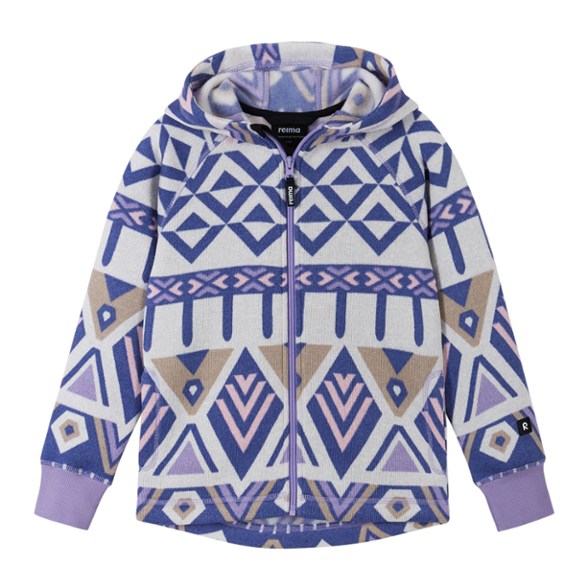 Front view of vibrant Reima kids fleece hoodie, showcasing its colorful print and zipper.