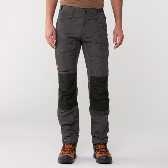 Side view of Fjallraven ventilated trousers showcasing multiple pockets and a slim fit.