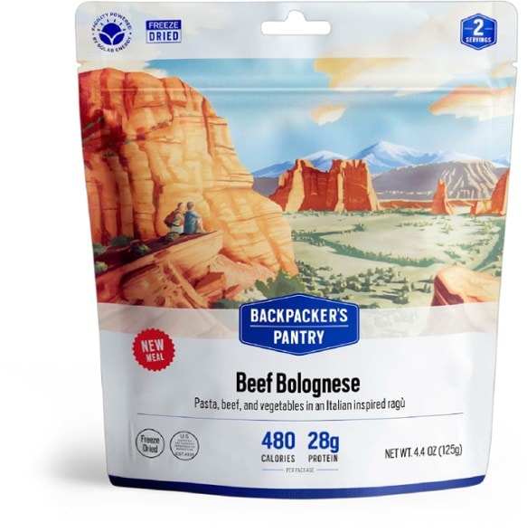 Close-up of SummitFuel high protein beef bolognese backpacking meal pouch with freeze dried meals label