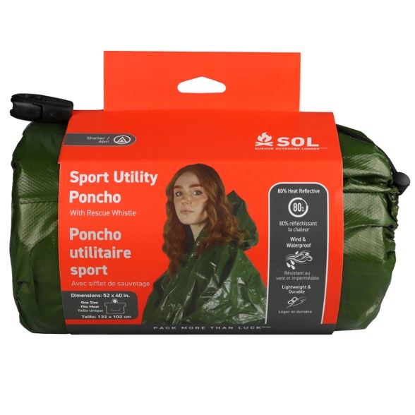 All-weather reflective poncho showcasing its adjustable hood in a forest setting.