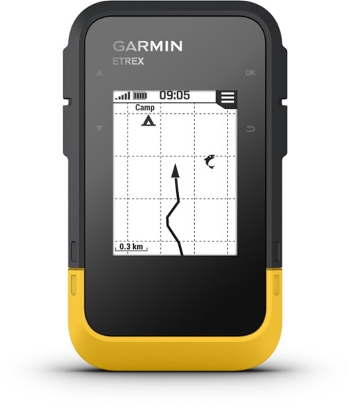 Garmin eTrex SE handheld GPS displaying a map during a sunny hike.