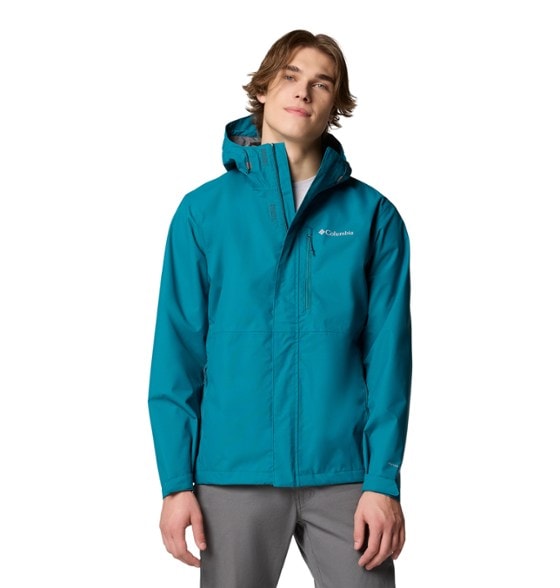 Front view of men's hiking jacket with hood up, showcasing waterproof fabric