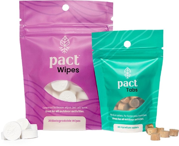PACT Outdoor Bathroom Kit showing the biodegradable wipes and tabs for camping.