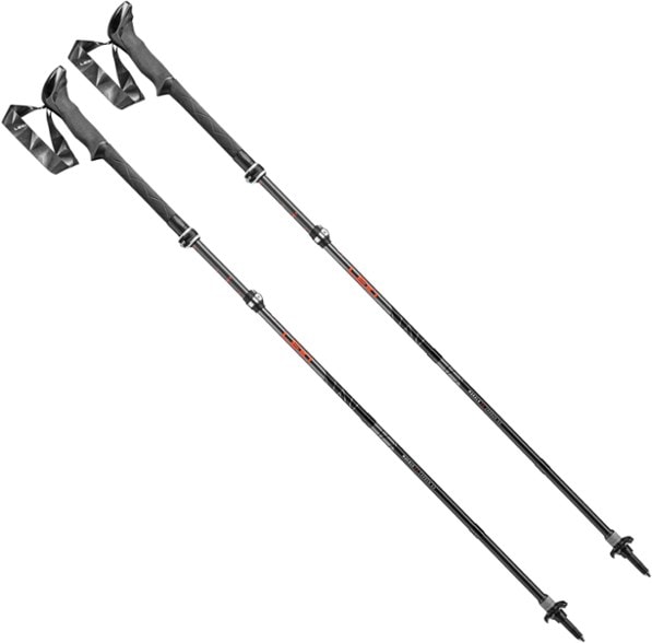 Leki Makalu FX Carbon AS trekking poles folded in a hiking backpack.
