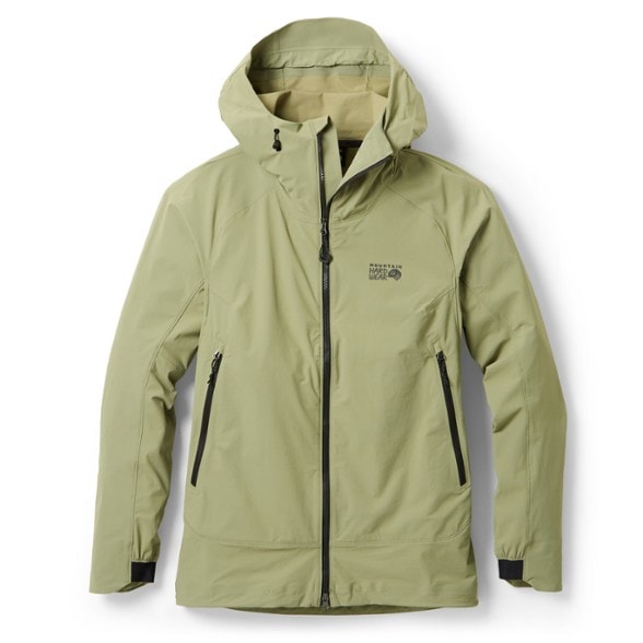 Chockstone LT Women's Alpine Softshell Jacket showcasing the hood and zipper details during a mountain hike.