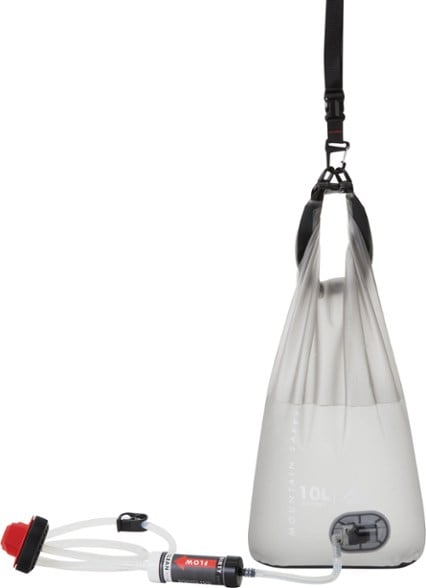 TrailPure XL gravity water filter hanging from a tree branch during backcountry camping