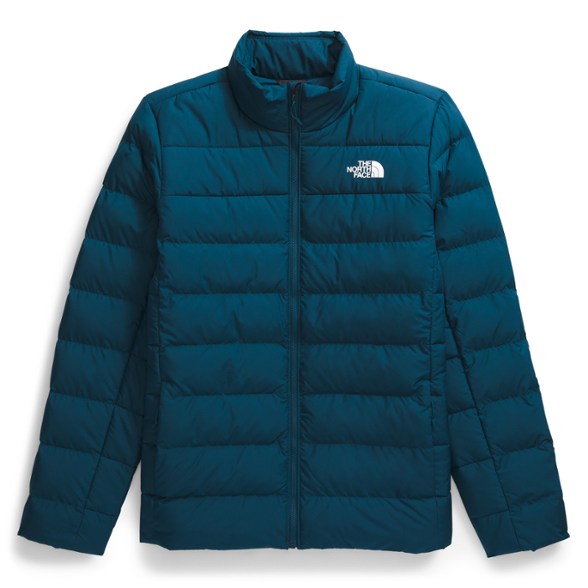 Front view of insulated men's down jacket in slate blue color, featuring recycled materials and water-repellent finish.