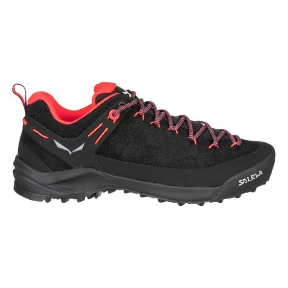 Side view of Salewa Wildfire Leather women's approach shoes highlighting the suede upper and rubber rand.