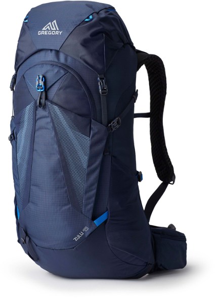 Side view of the Gregory Zulu 45 Men's Hiking Backpack demonstrating its sleek design and adjustable straps.