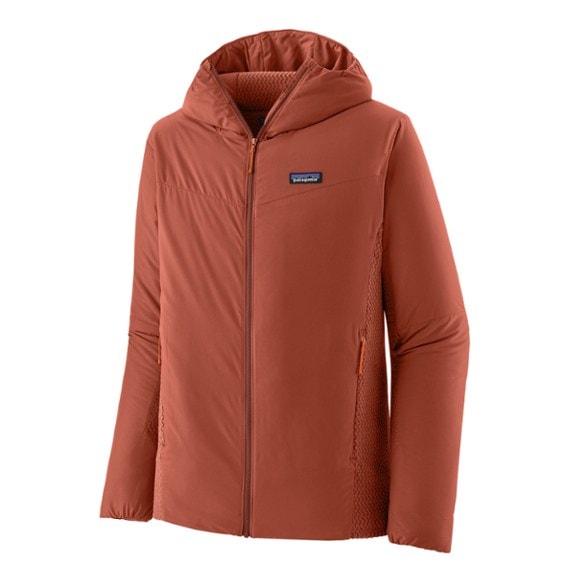 Close-up of the Patagonia men's insulated hoody demonstrating its breathable outerwear design.