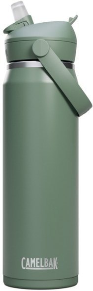 Thrive insulated water bottle with flip straw on a hiking trail