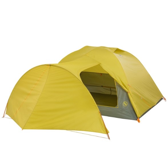Big Agnes Blacktail Hotel 2 tent set up in a forest, showcasing its spacious vestibule.
