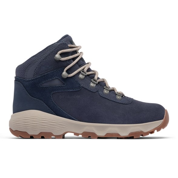 Side view of Columbia Women's Newton Peak Waterproof Hiking Boots, emphasizing the waterproof suede upper.