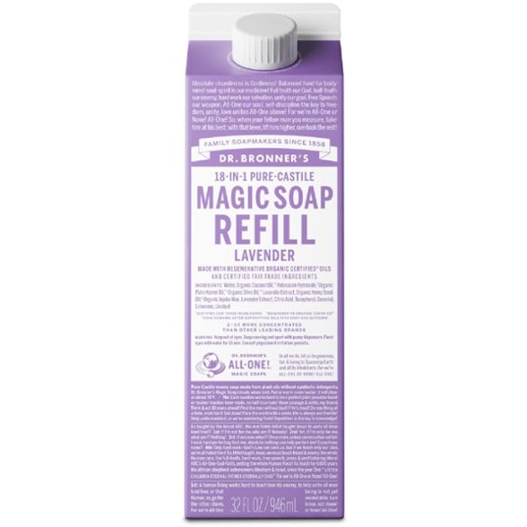 Dr. Bronner's Organic Pure-Castile Soap Refill carton from the front view, showcasing its eco-friendly packaging.